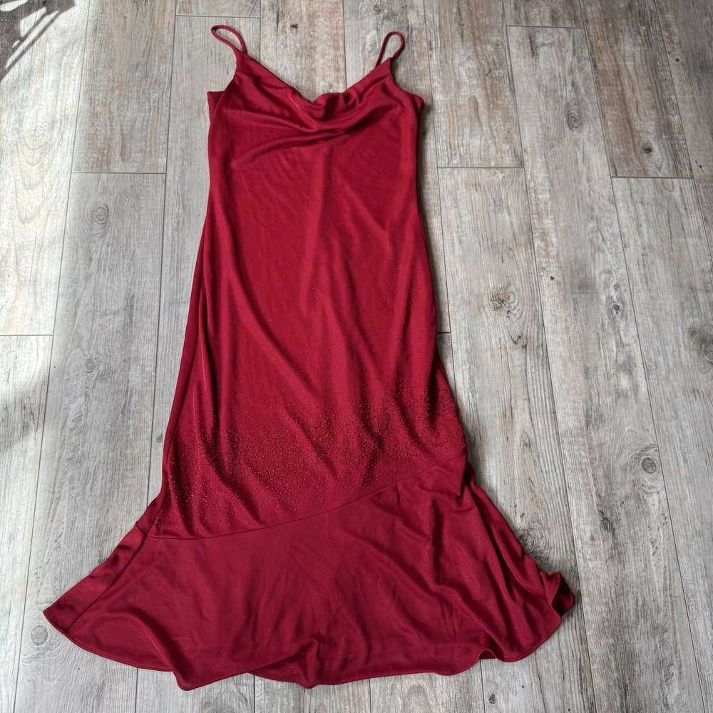 Vintage Forever 21 Red Beaded Fairy Maxi Dress - Y2K Cowl Neck Fishtail Hem